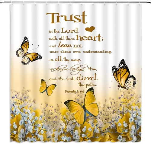 Vista 5 de GCTNBJL Cortina de ducha con cita inspiradora, diseño de mariposa y flores azules y verde azulado con texto en inglés "Trust in the Lord