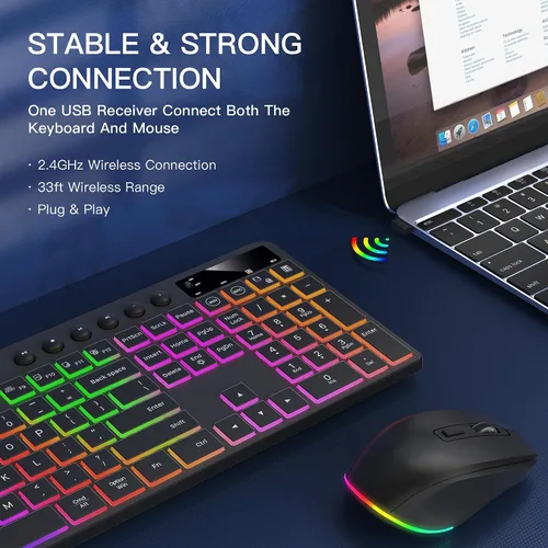 Vista 7 de Wireless Keyboard and Mouse Combo with Backlit - Soueto Full Size Ergonomic Keyboard with Phone Tablet Holder, 2.4GHz Lag-Free Silent Computer Mouse