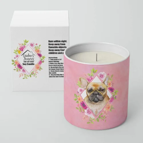 Vista 2 de Caroline's Treasures CK4144CDL Fawn French Bulldog Flores Rosadas 10 oz Vela de soja decorativa Naturaleza Cera de Soja Aceite Esencial Decoración