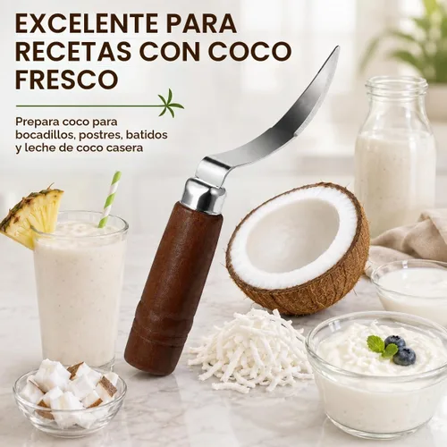 Vista 2 de DOITOOL Herramienta de eliminación de carne de coco cuchillo raspador de coco fresco de acero inoxidable con mango ergonómico de madera