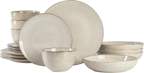Vista 22 de Gibson Elite Peach Orchard - Juego de vajilla de porcelana de hueso de 12 piezas para 4, platos y cuencos estriados en relieve, apto