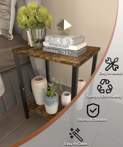 Vista 5 de Mesa auxiliar de 2 niveles, mesa auxiliar resistente con estantes, mesa de noche estrecha para espacios pequeños, mesa de tocadiscos para Negro