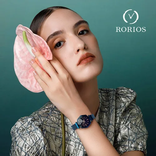 Vista 4 de RORIOS Relojes de pulsera para mujer con esfera de cielo estrellado brillante, hebilla de correa de malla de fácil uso, diamantes de imitación