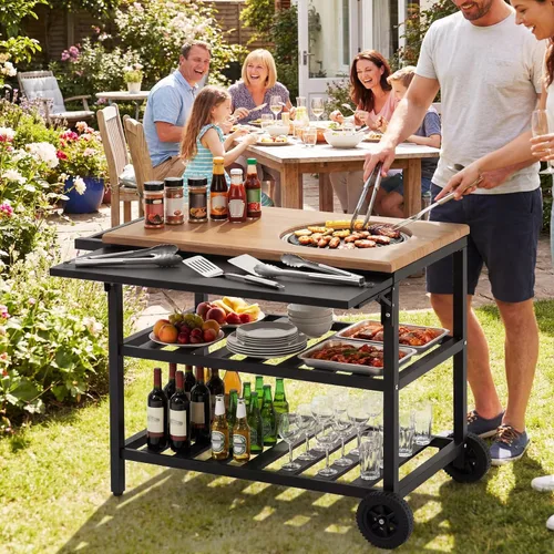 Vista 2 de HAPPYGRILL Carrito de parrilla al aire libre, mesa móvil de preparación de alimentos con parrilla de carbón coreano, panel lateral plegable, 2