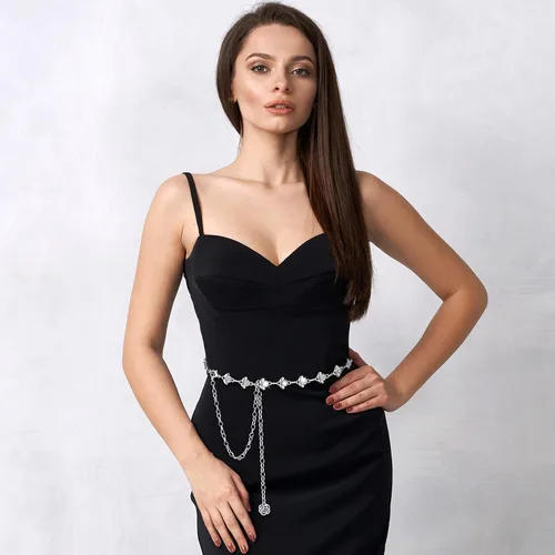 Vista 4 de 2 Pieces Rhinestone Belt for Women Shiny Crystal O-Ring Waist Belts for Dress Diamond Chain Belt for Ladies Dress Gift