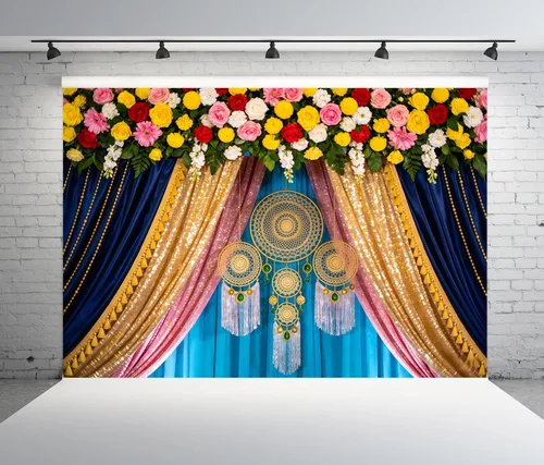 Vista 3 de Renaiss Telón de fondo indio Pooja de 5 x 3 pies, cortina de matrimonio de flores coloridas de macramé, caléndula de macramé, fondo de fotografía