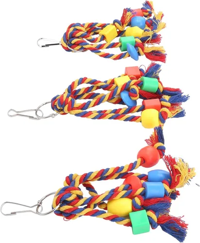 Vista 8 de Zerodis 3 piezas de juguetes para masticar pájaros, periquitos, juguetes de cuerda de algodón coloridos, juguetes de loros, cuentas de cuerda