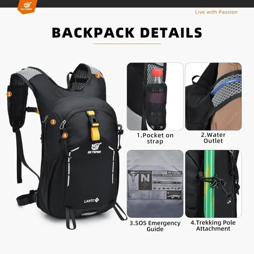 Vista 4 de SKYSPER Mochila de senderismo pequeña – Mochila de viaje de 15 L, ligera, resistente al agua, mochilas de senderismo para mujeres y hombres, Negro