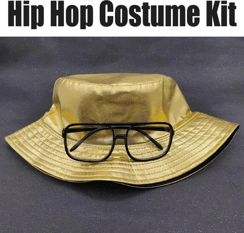 Vista 2 de VGGAEELY Kit de disfraz de hip hop, traje de los años 80 y 90 para mujeres y hombres, sombrero dorado, cadena de dinero, collar, lentes de sol