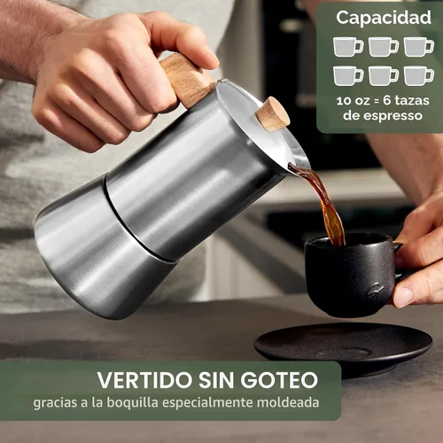Vista 4 de WALDWERK Cafetera Moka de Acero Inoxidable (10 oz) - Cafetera Moka Libre de Tóxicos con Mango de Madera de Roble - Cafetera de Estufa para Espresso