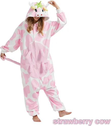 Vista 5 de BETIFUHOM Pijama mameluco de vaca rosa animal unisex de una pieza Cosplay Halloween disfraz