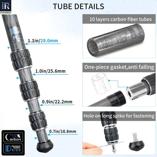 Vista 3 de Trípode de fibra de carbono-INNOREL CT75C - Trípode de viaje portátil profesional compacto para cámara de video digital DSLR, carga de 44.1 lb/20