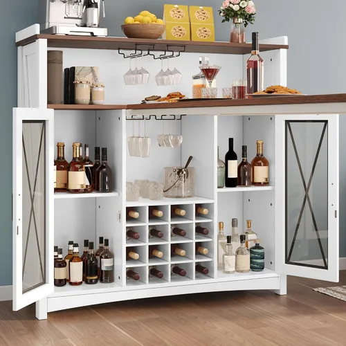 Vista 6 de YITAHOME Mini unidad de bar para el hogar con luz LED y gabinete de bar de vino, mesa de bar grande de altura alta con estante para vinos, estación