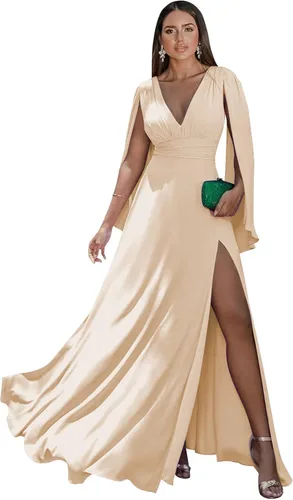 Vista 14 de Women's Long Sleeve Bridesmaid Dresses V-Neck Chiffon Ruched Formal Dress Evening Gown with Slit