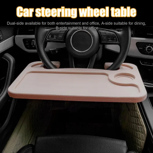 Vista 6 de Dickno Escritorio para volante de automóvil, bandeja multiusos para volante con soporte para bebidas, bandeja de comida para volante para comer Beige