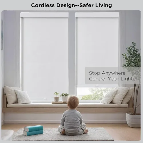 Vista 28 de Joydeco Persianas enrollables 100% opacas sin cordones para ventanas, persianas de parada libre, protección UV, persianas de tejido natural