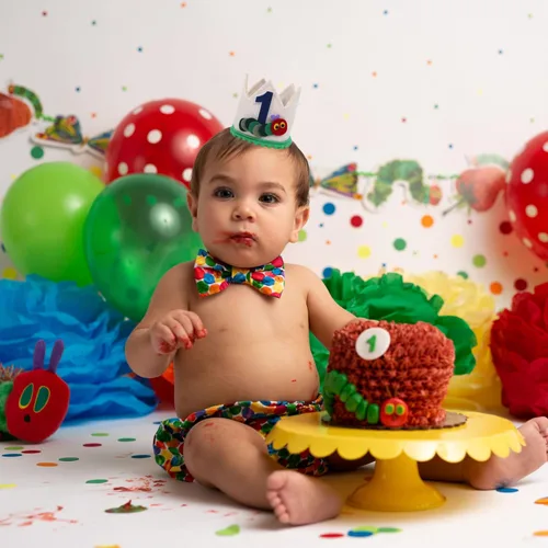 Vista 5 de Hungry Caterpillar - Corona de primer cumpleaños – Decoración de fiesta temática de frutas, sombrero de primer cumpleaños y accesorio para aplastar