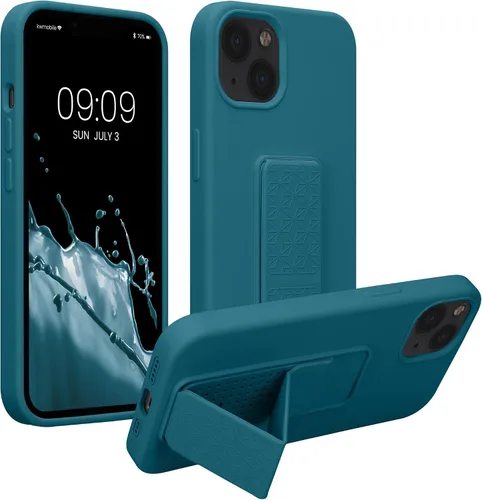 Vista 11 de kwmobile Funda compatible con Apple iPhone 13 - Funda con correa de mano y soporte revestimiento de silicona TPU suave - Azul Báltico