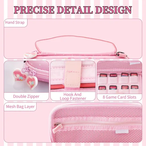 Vista 4 de HYPERCASE Pink Carrying Case for Nintendo Switch Lite, Shockproof Protective Hard Travel Shell with 8 Game Card Slots, Adjustable Shoulder Strap and