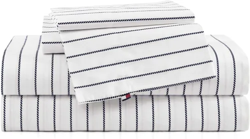Vista 31 de Tommy Hilfiger - Sábanas para cama individual, ropa de cama de percal de algodón crujiente y fresca con funda de almohada a juego, juego de cama