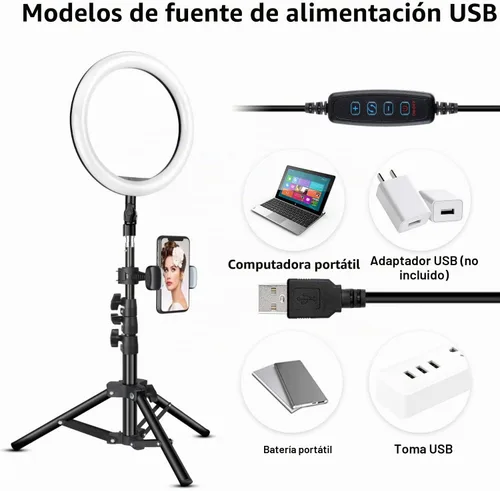 Vista 6 de Anillo de luz de 10 pulgadas con soporte de trípode, anillo de luz LED Rovtop para cámara selfie con trípode para iPhone y soporte para teléfono