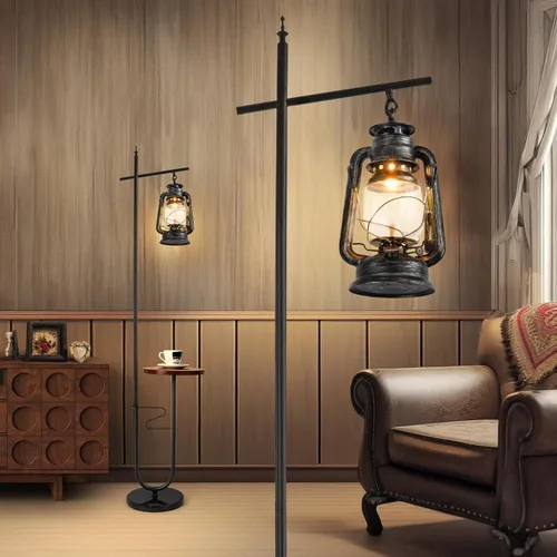 Vista 7 de Lámpara de pie estilo granja con mesa, linterna vintage de doble cabezal, lámpara de pie para sala de estar, dormitorio, lámpara de pie rústica