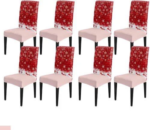 Vista 24 de YOKOU Juego de 4 fundas elásticas para sillas de comedor, diseño de copos de nieve, estrellas, fondo rojo, invierno, fundas protectoras extraíbles