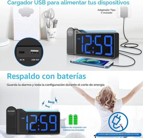 Vista 7 de Peakeep Projection Alarm Clock for Bedroom Ceiling 180° Rotatable, Loud for Heavy Sleepers, Colorful Nightlight, 5 Brightness Dimmable Large Number