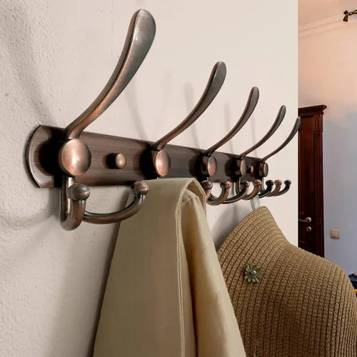 Vista 3 de Dseap - Perchero para pared, 5 ganchos triples, resistente, acero inoxidable, riel de gancho de metal para abrigos, sombreros, toallas, bolsos Cobre