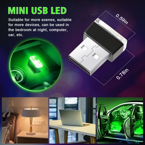 Vista 5 de Ouzorp 2 piezas de mini luz LED USB, iluminación interior LED para automóvil, CC 5 V, inteligente USB LED, luz de atmósfera, luz de teclado, Verde