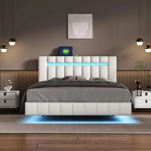Vista 19 de Cama de plataforma flotante, marco de cama de madera tamaño individual con rayas claras, tela de lino suave y cabecera de diseño capitoné