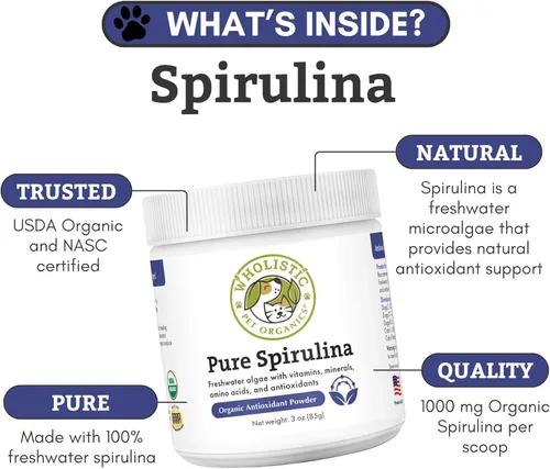 Vista 3 de Wholistic Pet Organics Spirulina en polvo para perros y gatos - Apoyo antioxidante para perros y gatos - Suplemento de apoyo inmunológico, promueve