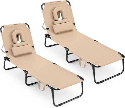 Vista 16 de GYMAX Silla de bronceado, silla de playa de 350 libras con agujero para la cara, almohada lavable y correa de transporte, tumbona plegable Ártico