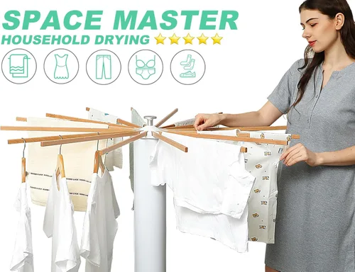 Vista 2 de Estante de secado de ropa con trípode cilíndrico, 16 varillas expandibles, estante de secado de pulpo de pie, maestro de ahorro de espacio, compacto