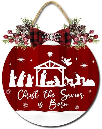 Vista 9 de Adorno de Navidad para colgar en la puerta, adornos de pesebre, Jesucristo el Salvador ha nacido, letrero de puerta delantera, decoración