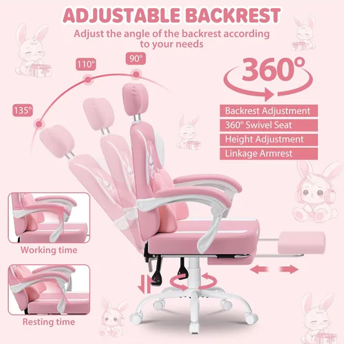 Vista 7 de Silla de juegos rosa para niñas y niños, sillas de computadora de masaje con lindo conejito Cute Silla Gamer 135° Reclining Game Cahir with