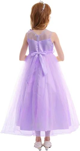 Vista 5 de Vestido maxi de tul para niñas con tutú y flores de encaje, largo hasta el piso, para boda, dama de honor, fiestas