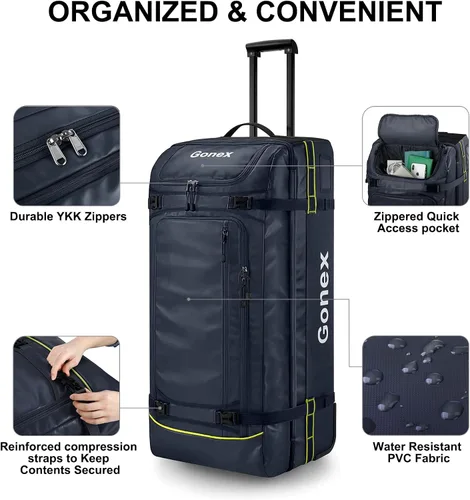 Vista 4 de Gonex Bolsa de lona rodante con ruedas equipaje de viaje con ruedas repelente al agua de 70 L con rodillos 22 pulgadas 25 pulgadas 33 pulgadas Azul