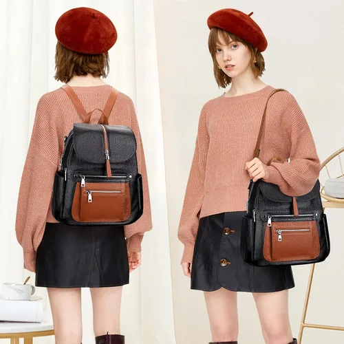 Vista 3 de ALTOSY Mochila de cuero para mujer, bolso casual de moda con múltiples bolsillos y solapa