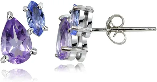 Vista 2 de Aretes de plata de ley de 1,65 quilates con amatista y tanzanita con dos piedras de la amistad, Gema, Amatista Tanzanita