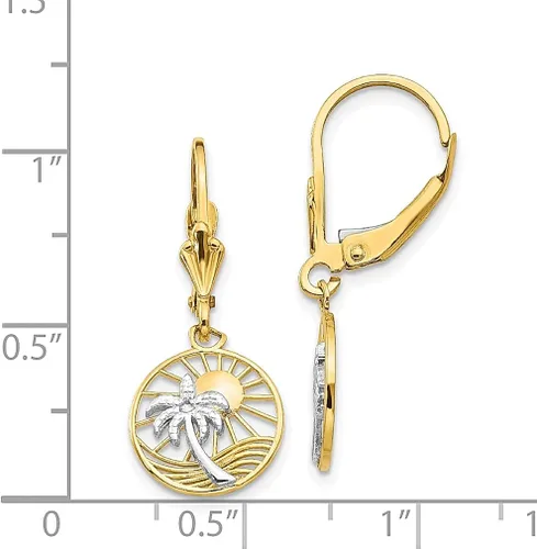 Vista 4 de Aretes de oro amarillo de 14 quilates con cierre de palanca de palmera, colgantes para exteriores, naturaleza, viajes, joyería fina para mujeres