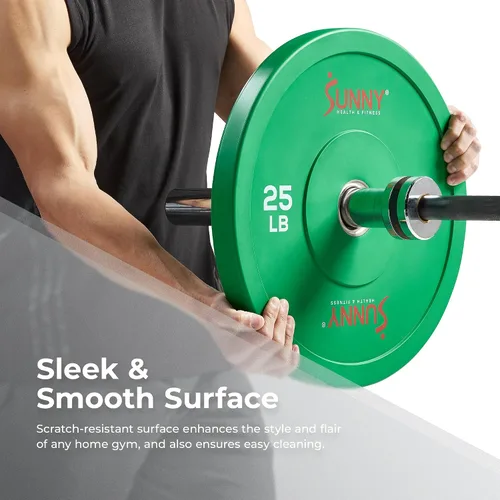 Vista 4 de Sunny Health & Fitness Elite 2-Inch Rubber Olympic Bumper Weight Plate 10-55 LB with Steel Hub for Home Gym, Squat Rack, Strength Training, Barbell