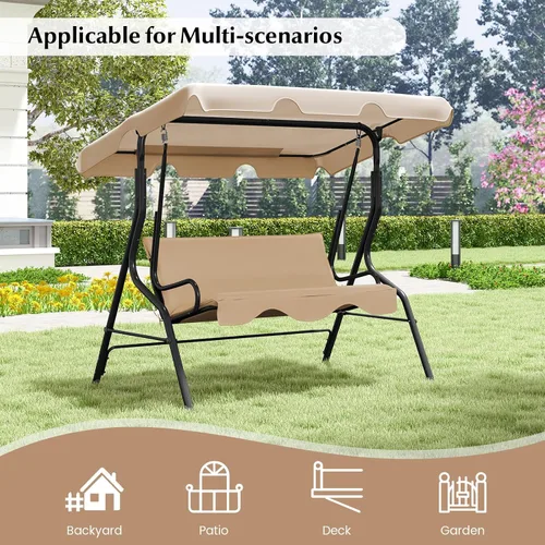 Vista 9 de RELAX4LIFE Silla columpio para porche para 3 personas, columpio para exteriores con toldo ajustable, cojín extraíble y soporte de marco de metal