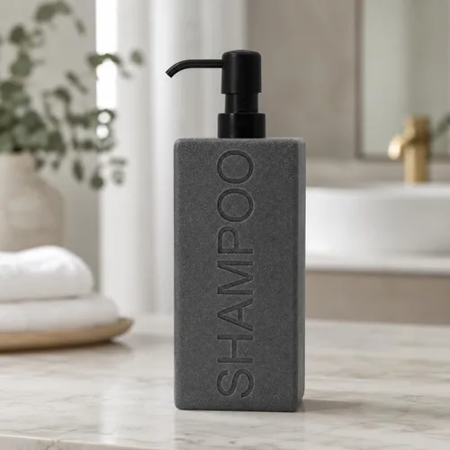 Vista 25 de Dispensador rectangular de resina para baño, champú y acondicionador de baño, botella de lavado corporal, diseño moderno de bomba recargable Gris