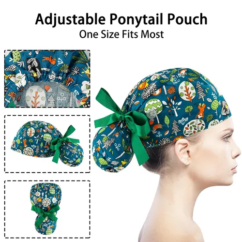 Vista 11 de Gorras médicas para mujer, gorras para enfermeras, gorra de trabajo ajustable, bolsa de cola de caballo, sombreros con lazo en la espalda