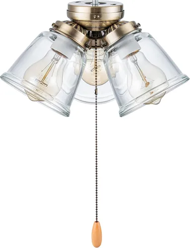 Vista 3 de Aspen Creative 22014-1, Kit de luces para ventilador de techo de tres luces con cadena de tracción, acabado de latón antiguo con pantallas de vidrio