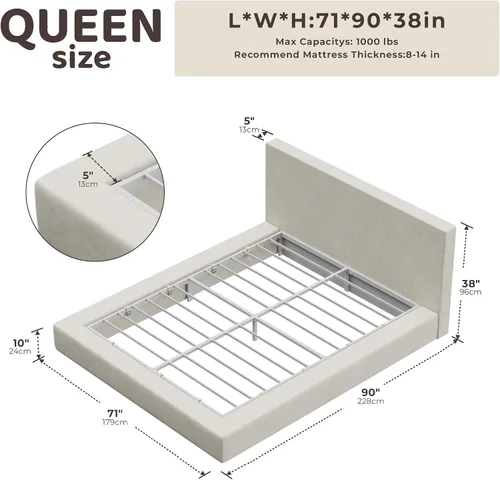 Vista 2 de RECCI Cloud - Base de cama Queen tapizada con cabecero, plataforma acolchada de espuma de 5 pulgadas, sin somier, fácil montaje (crema)