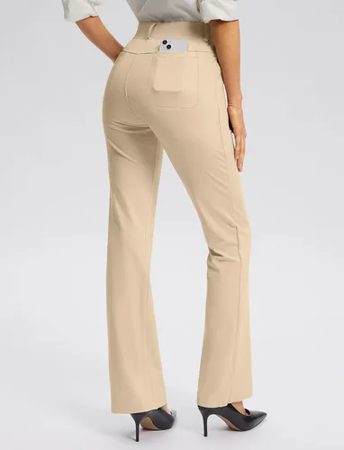 Vista 3 de Rammus Pantalones de yoga para mujer con bolsillos, pantalones de trabajo elásticos para mujer, corte de bota, para negocios, oficina, casual