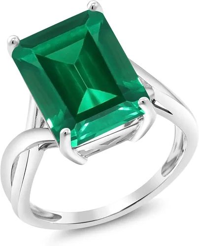 Vista 4 de Gem Stone King Anillo de compromiso de esmeralda simulada de oro blanco de 10 quilates para mujer