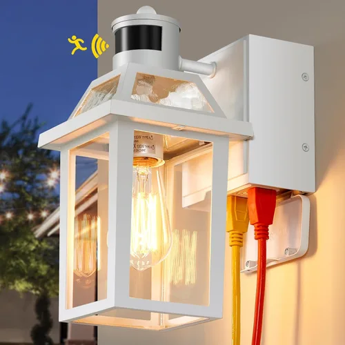 Vista 9 de Luces de porche con salida GFCI, luces exteriores del atardecer al amanecer con tomacorriente, 3 modos de iluminación exterior impermeable, luces